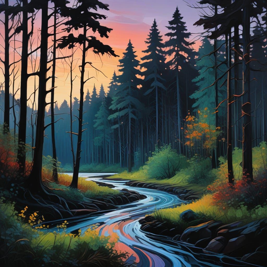 Expressionist Forest Landscape Painting at Dusk