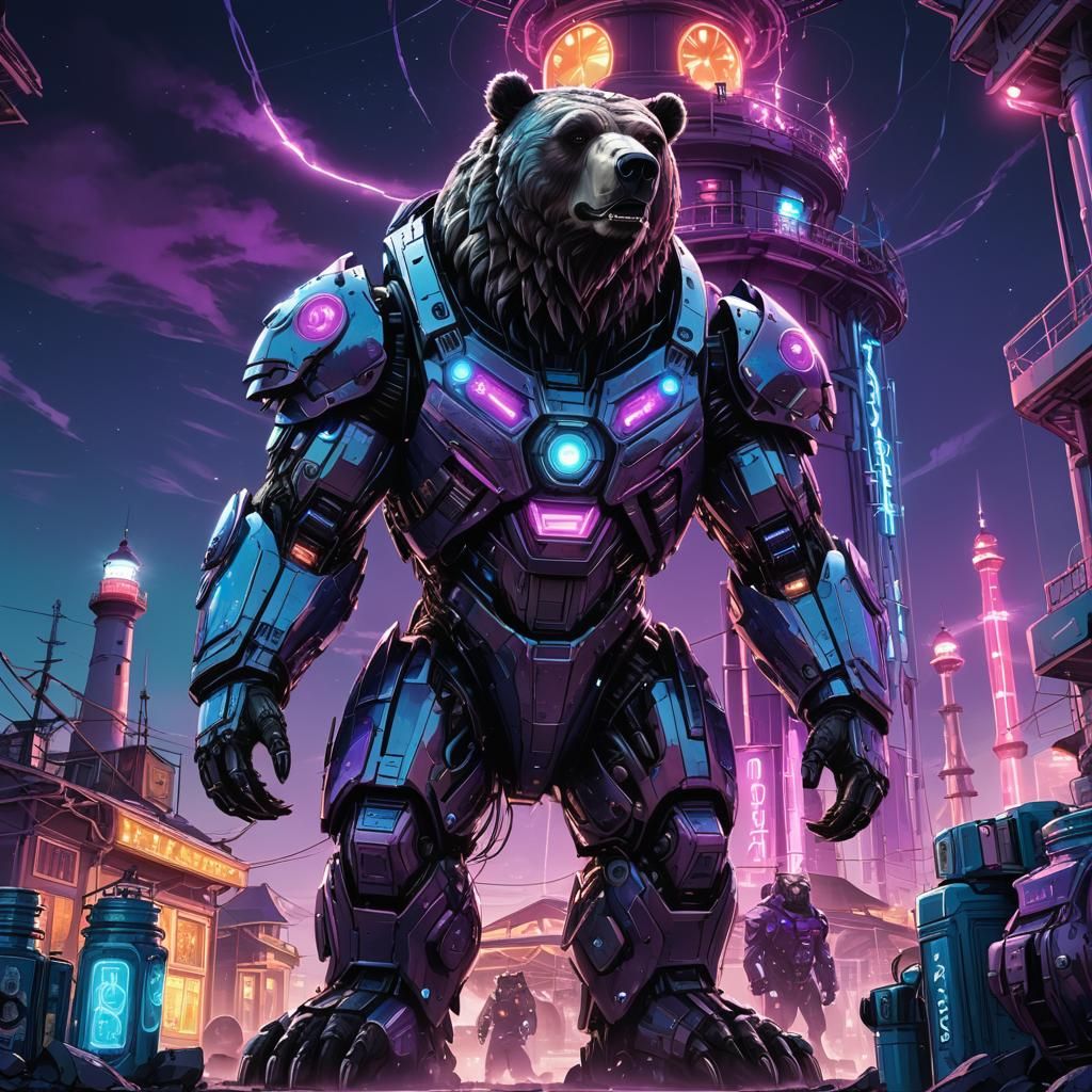 Cybernetic Bear Guarding Neon Lighthouse in Sci-Fi Style