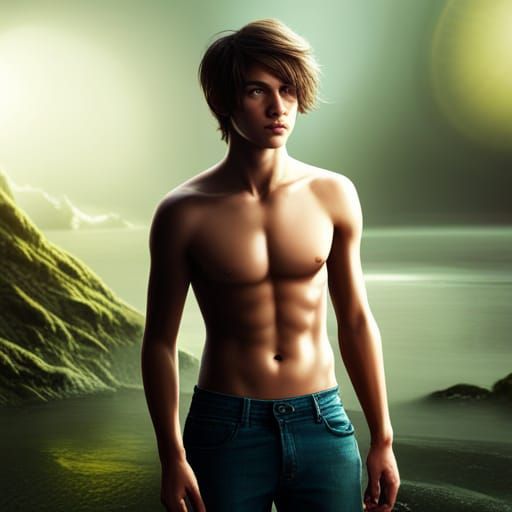 Cute Shirtless Teenage Boy: Detailed Matte Painting