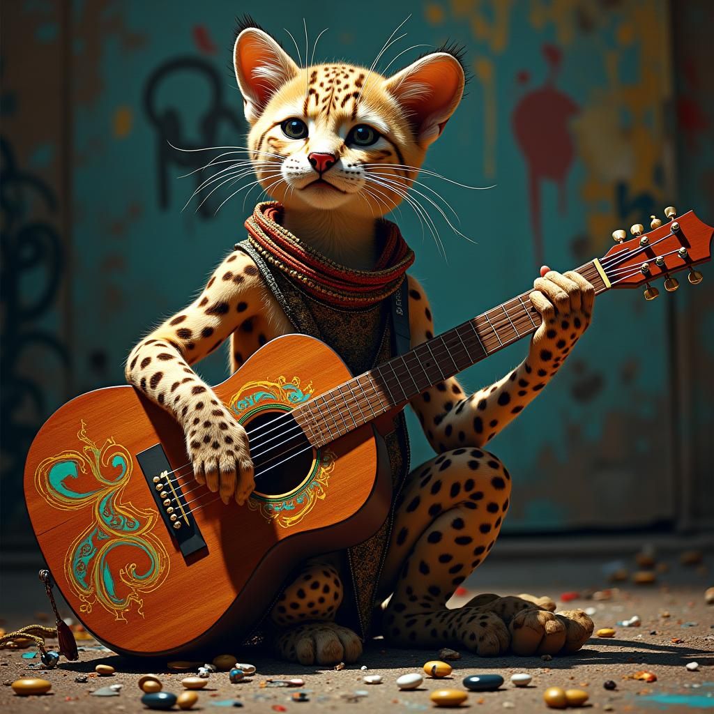 Ocelot's Ornate Guitar Performance in Hyperrealism
