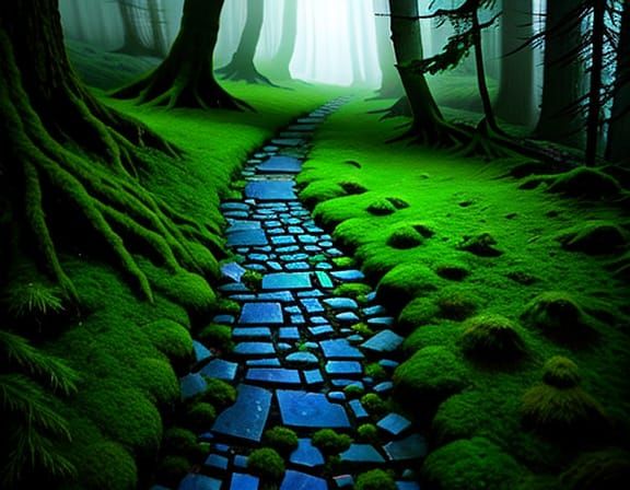 A Lush Pathway Overgrown with Vibrant Moss and Sparkling Cry...