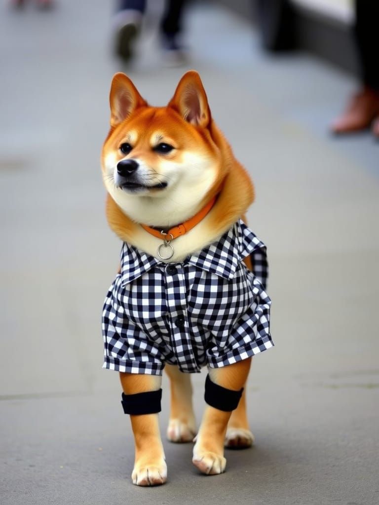 Gingham Print Shiba in Chic Ensemble