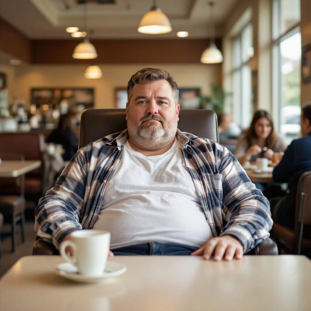 Obese Man Sits in Cafeteria Chair