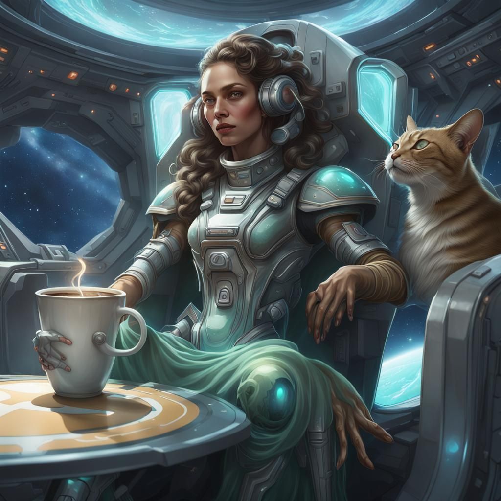 Alien Goddess Sipping Coffee in Space Shuttle