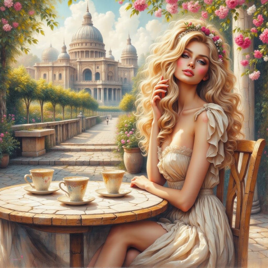 Elegant Blonde Woman in Whimsical Gouache Art