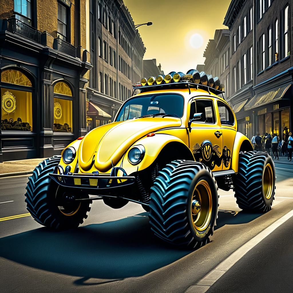 Steampunk VW Beetle Monster Truck on City Street