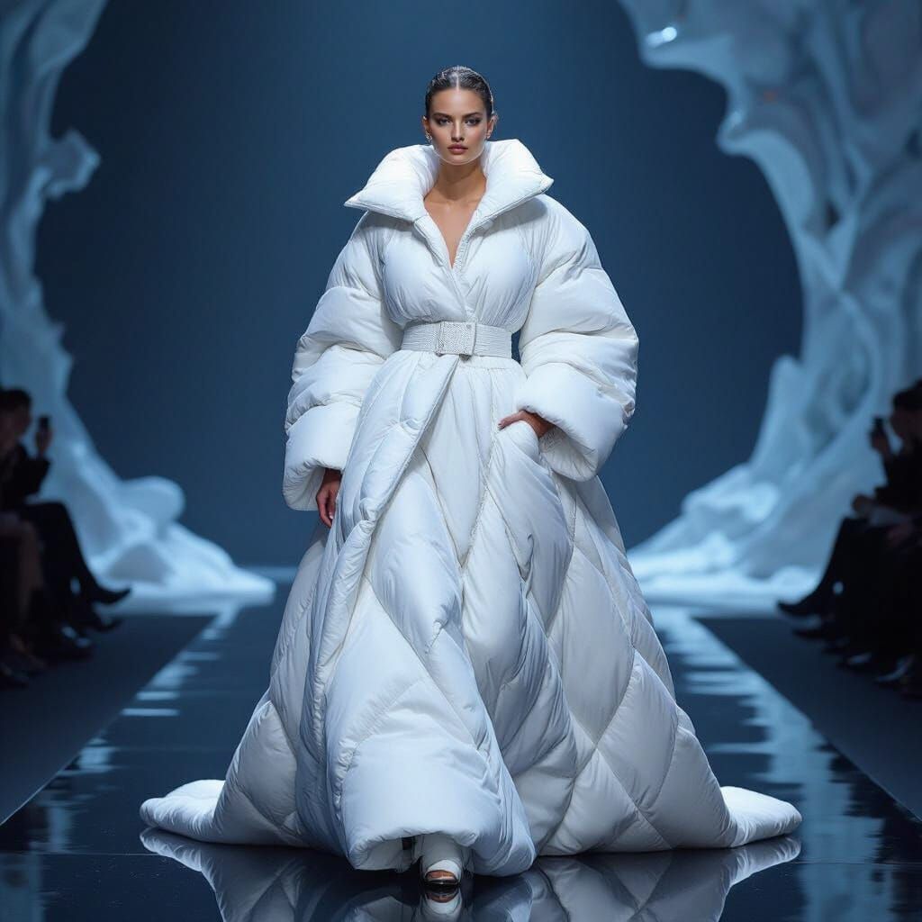 High Fashion Model in Avant-Garde Padded Gown on Minimalist ...