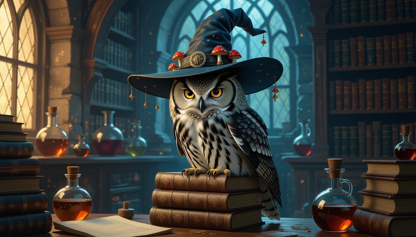 Wise Owl Witch in Spellbook Study - Dark Fantasy Art