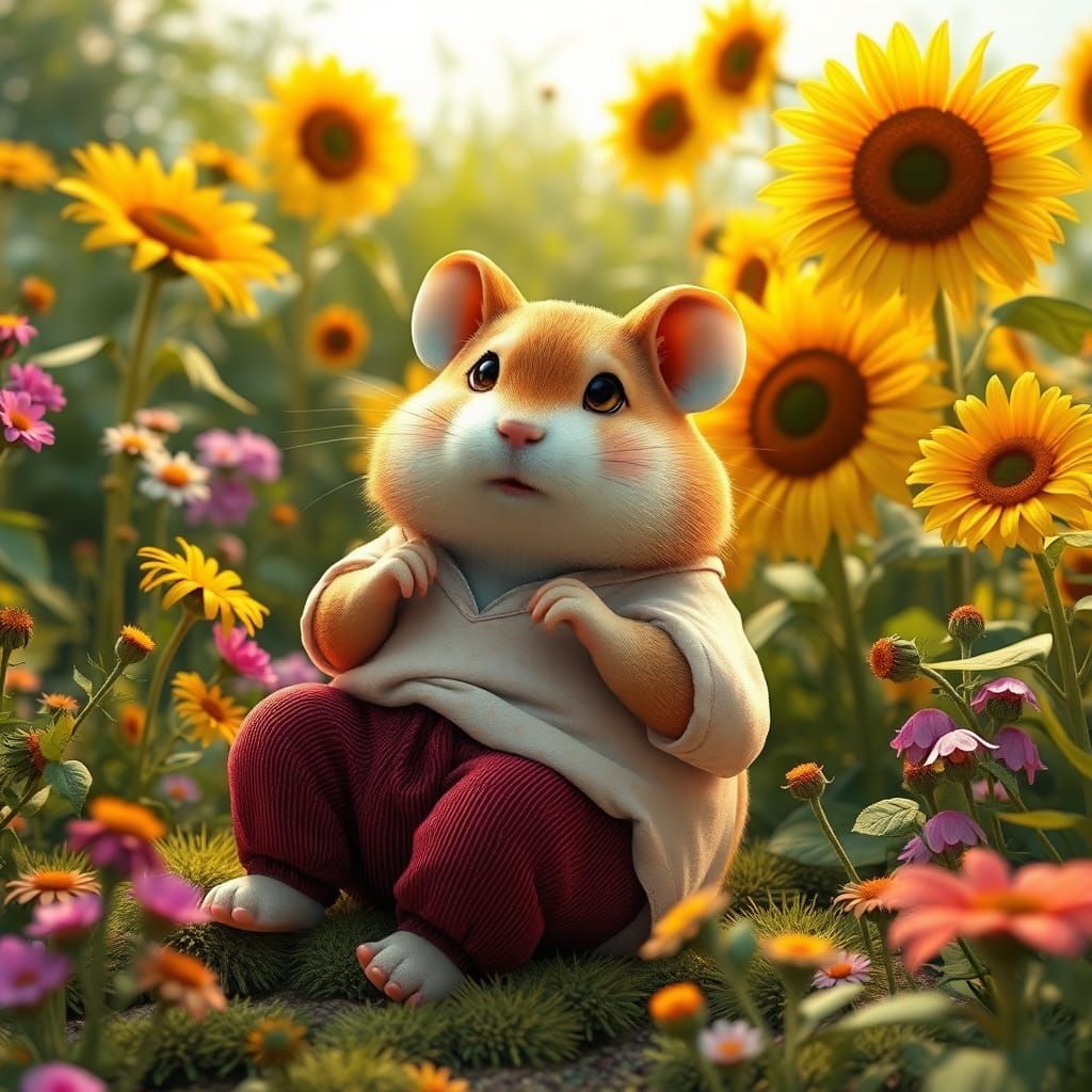 Whimsical Hamster in a Vibrant Garden Scene