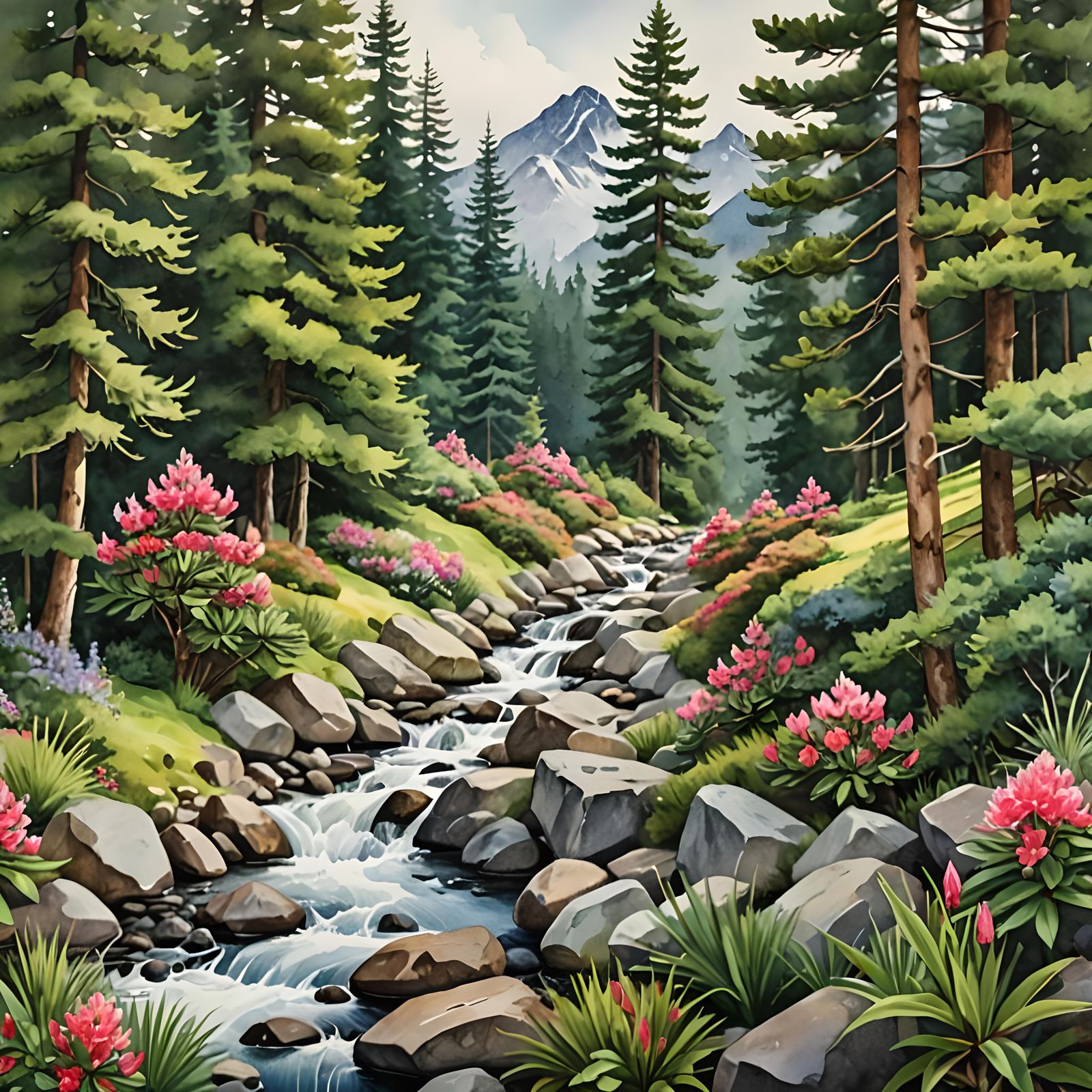 Detailed Watercolor of Alpine Mountain Landscape
