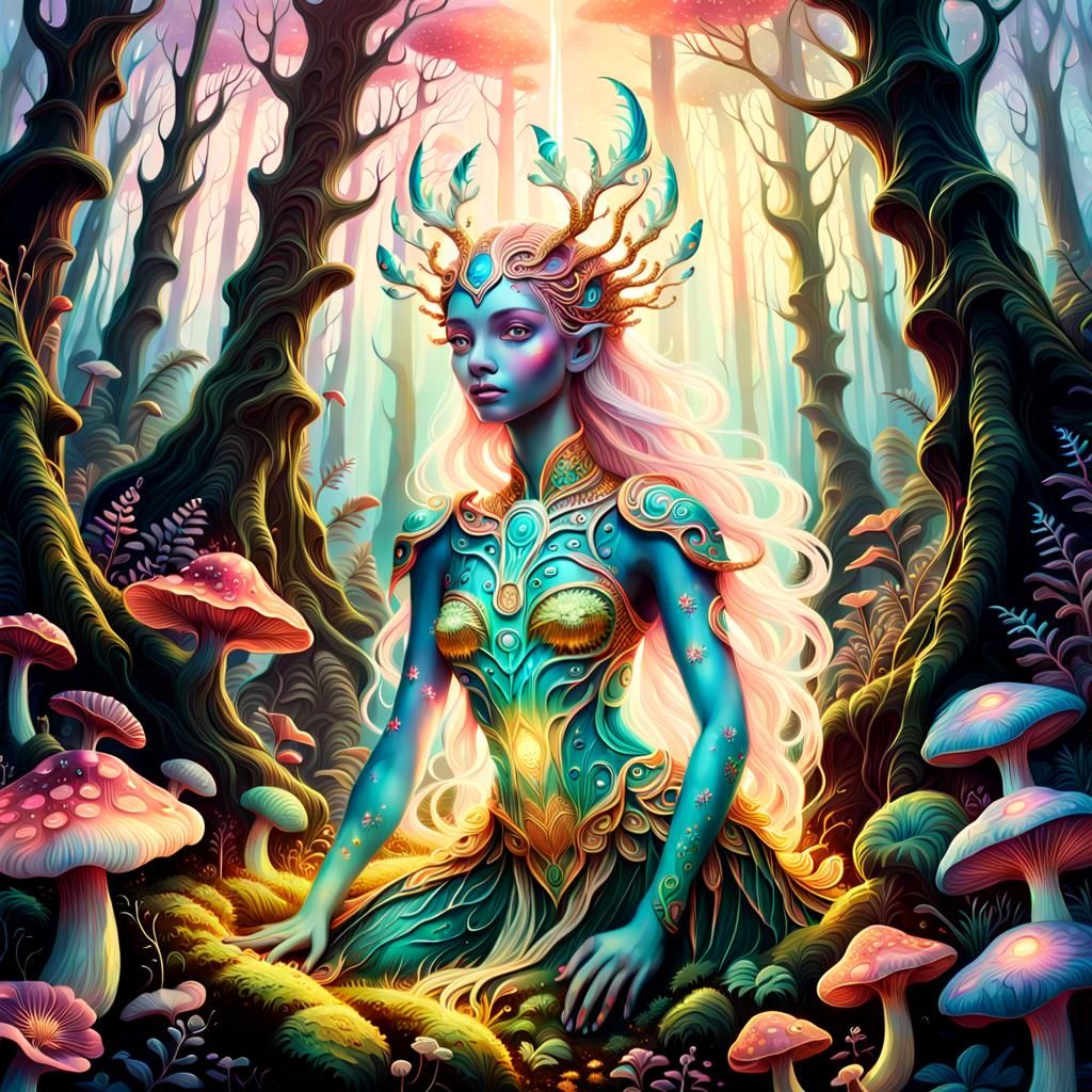 Ethereal Earth Goddess Emerges in Vibrant Forest Foliage