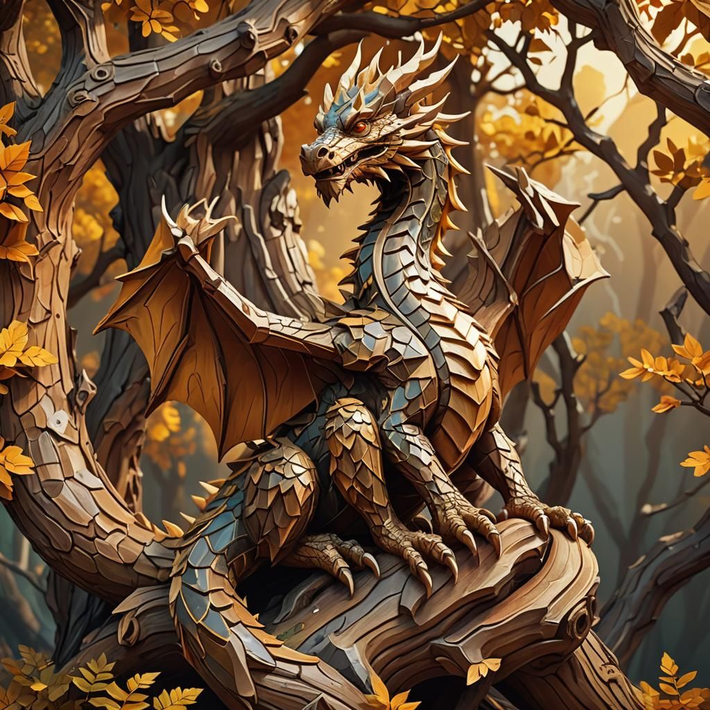 Wooden Dragon on Branch in Low-Poly Style