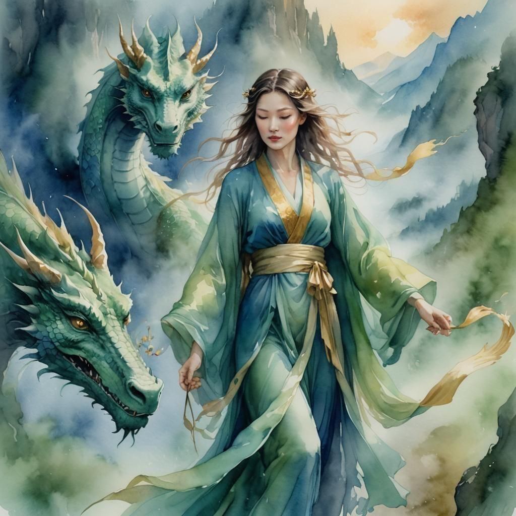 mystical lady riding a dragon WATERCOLOR