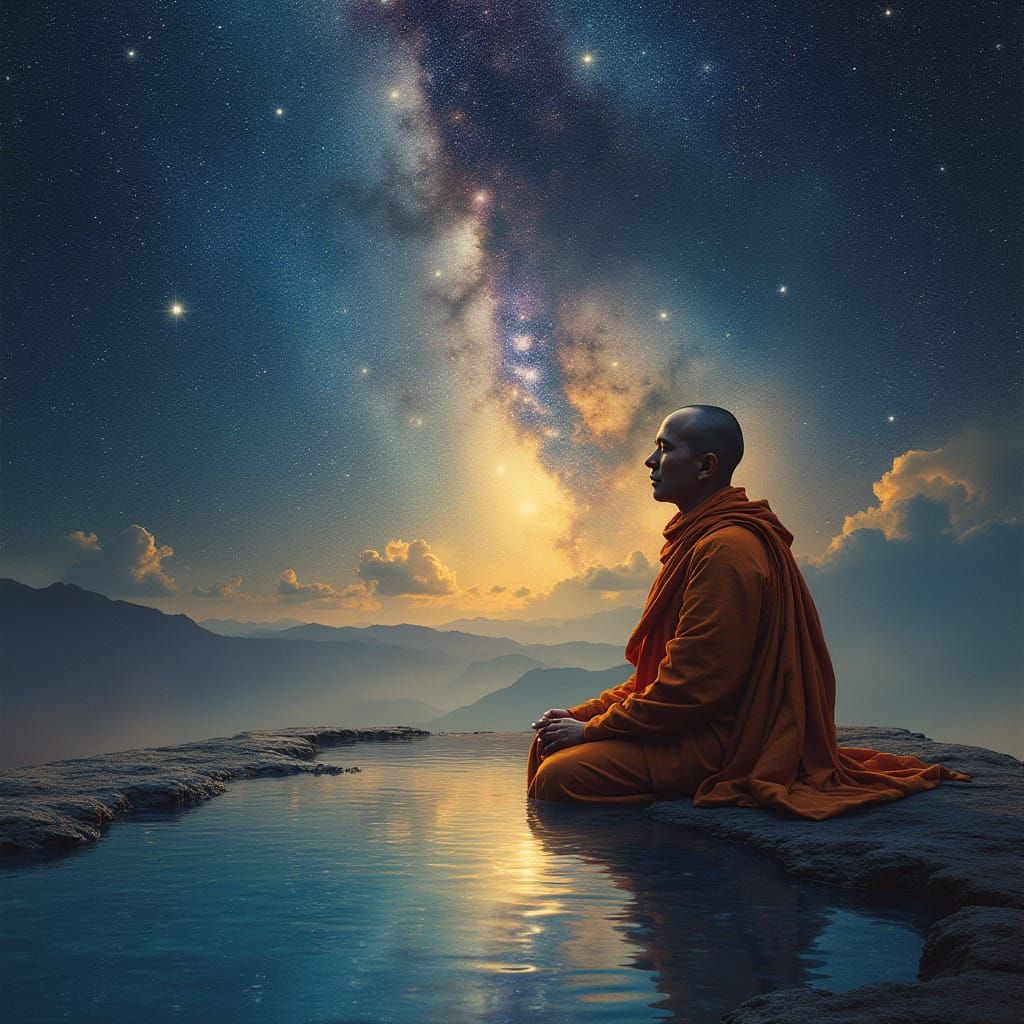 Surreal Monk Contemplates Starry Night in a Dreamlike Realm ...
