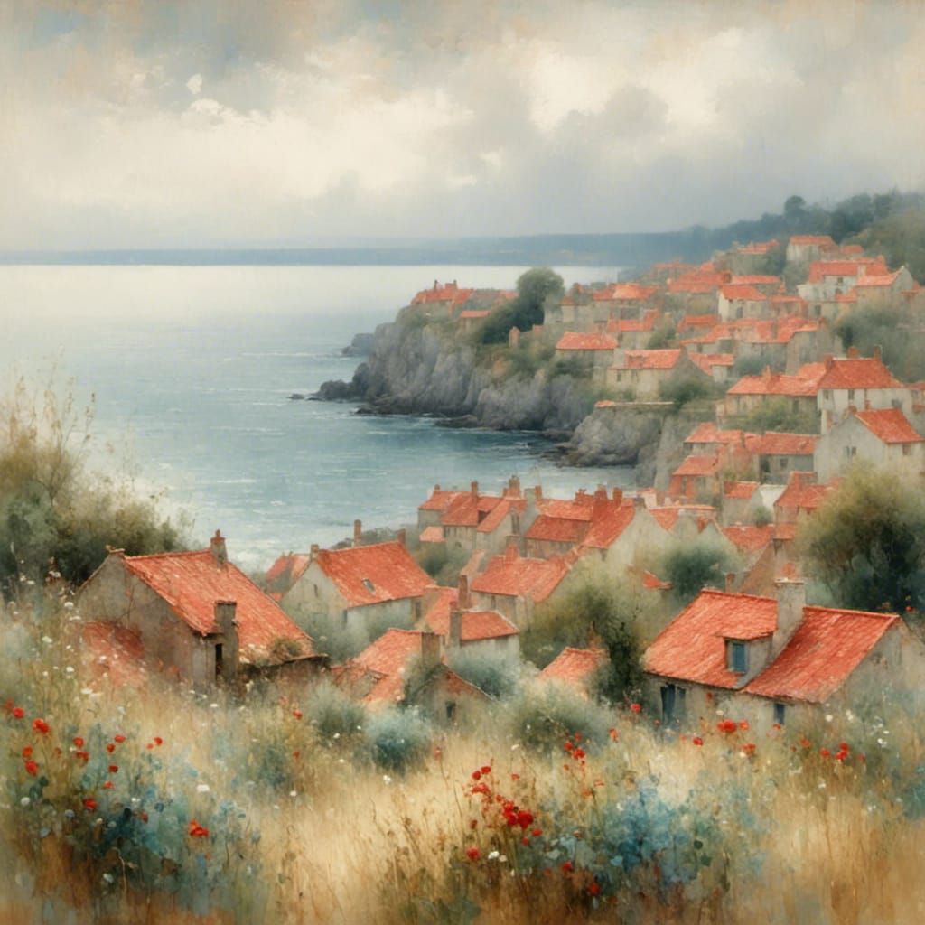 Impressionist Coastal Scene with Red Roofs