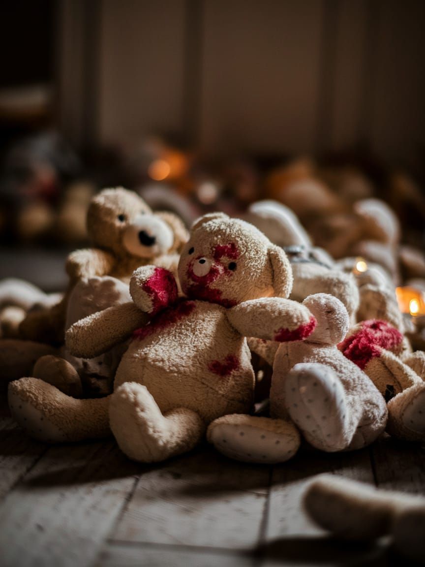 Melancholic Pile of Torn Stuffed Animals in Flickering Light