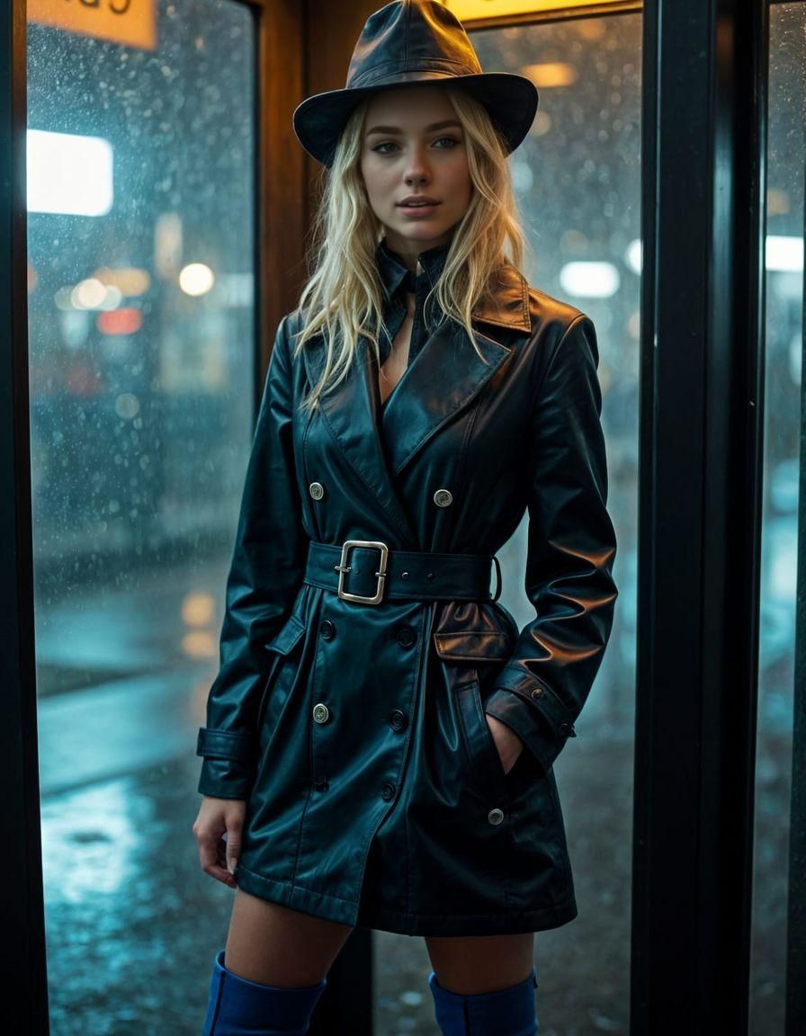 Blonde Woman at Phone Booth in Raincoat