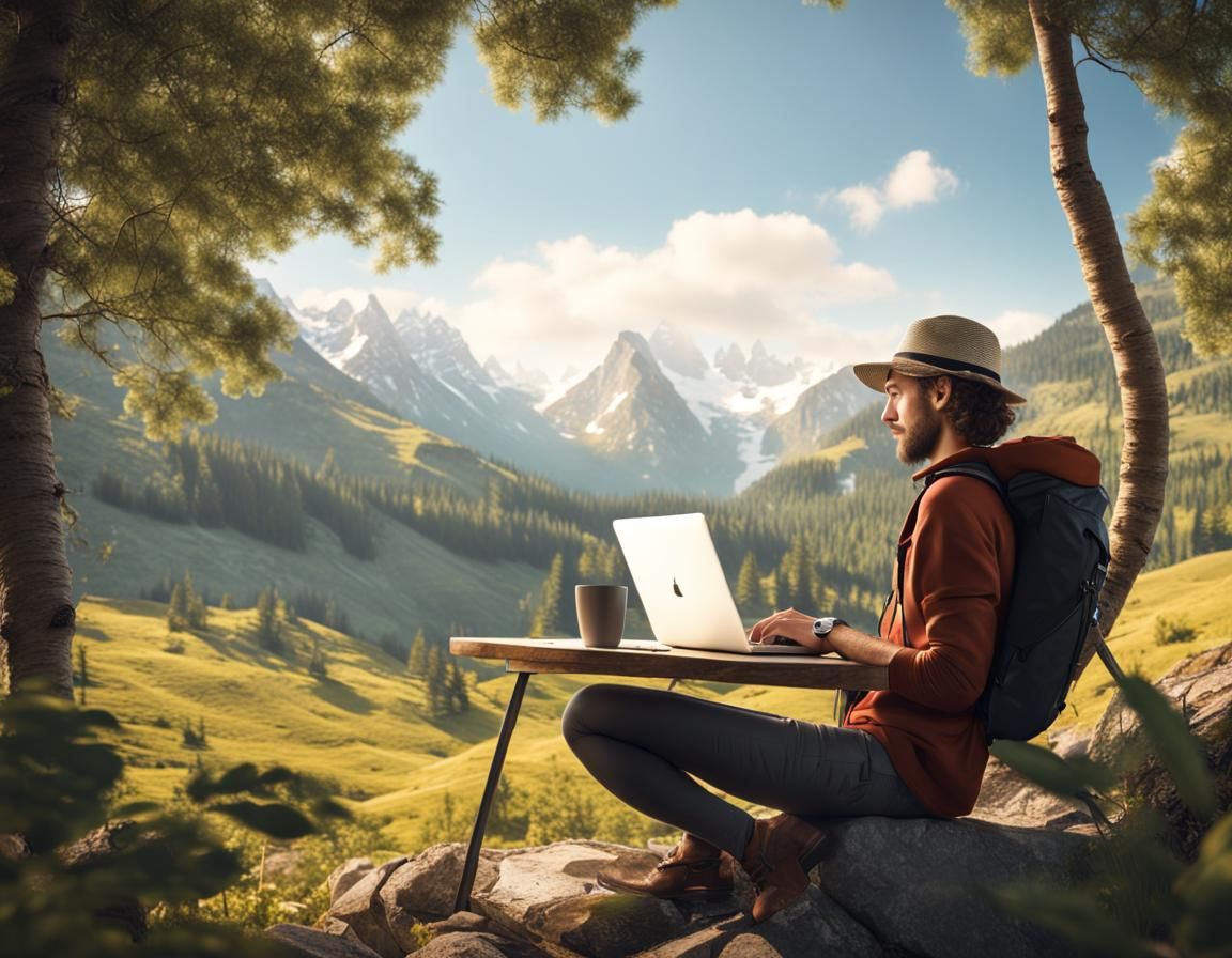 Digital Nomad Working Remotely in Nature