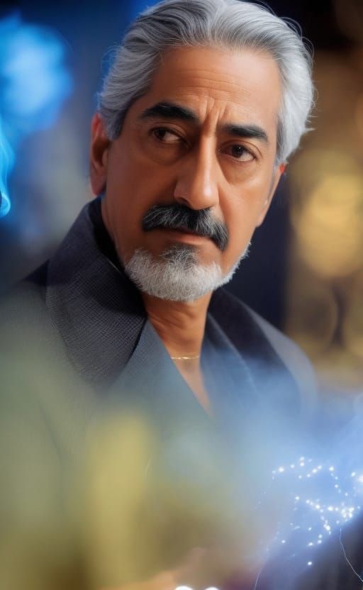 Old Indian magician and glowing magical spells around him