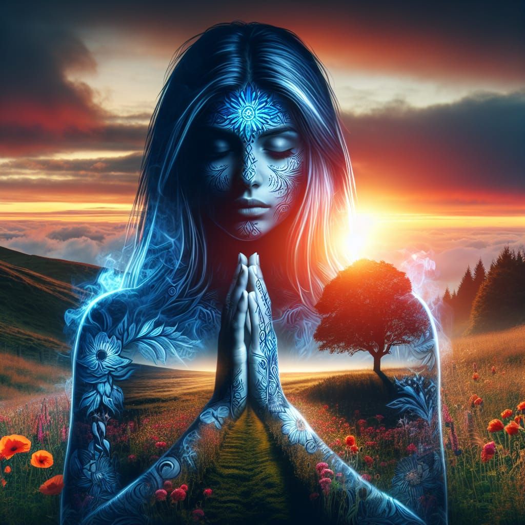 Girl in Prayer Merges with Flower Field