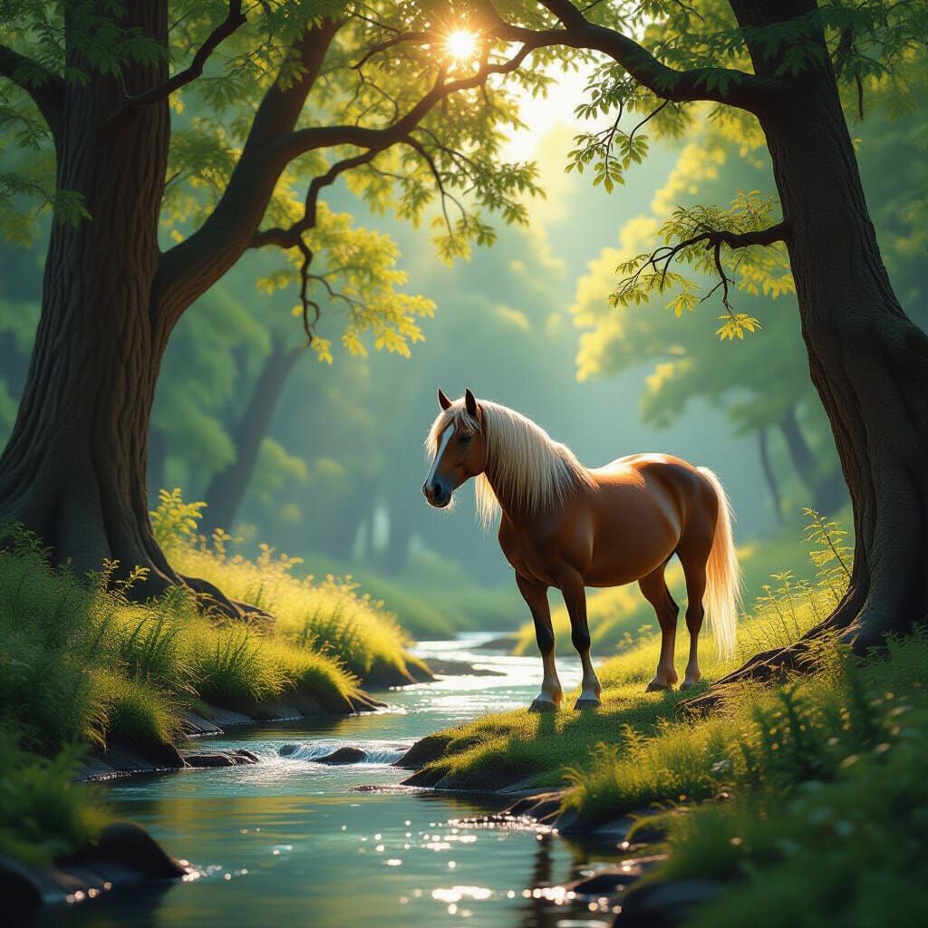 Majestic Horse in Sun-Dappled Forest Clearing