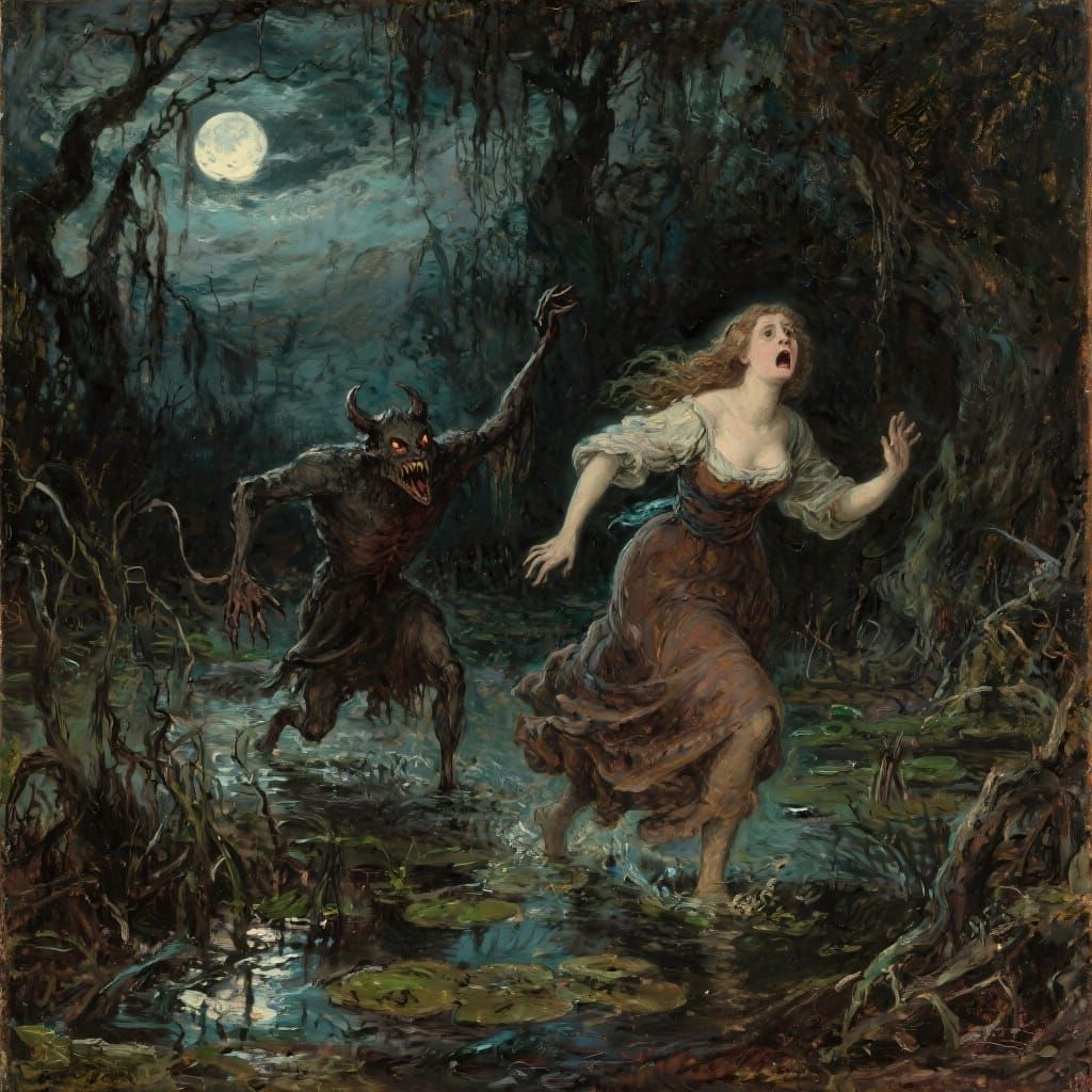 Woman Fleeing Demon in Spooky Swamp, Impressionistic Paintin...
