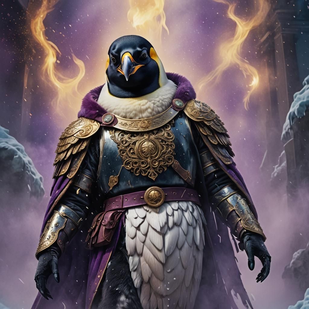 Emperor Penguin Gladiator in Baroque Alcohol Ink Style