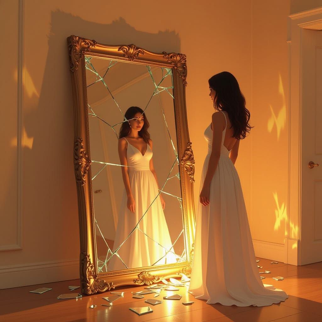 Woman and Shattered Mirror with Silver Glow