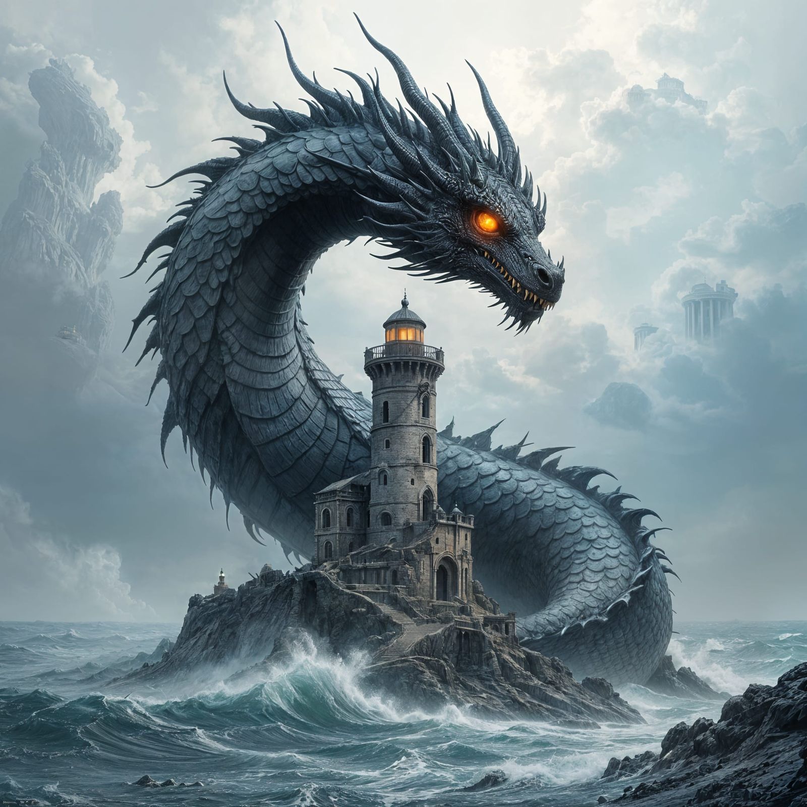 Obsidian Dragon Coiled Around Baroque Lighthouse