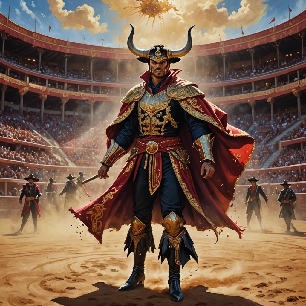 Torero Dodging Bulls in Sunlit Arena: Oil Painting
