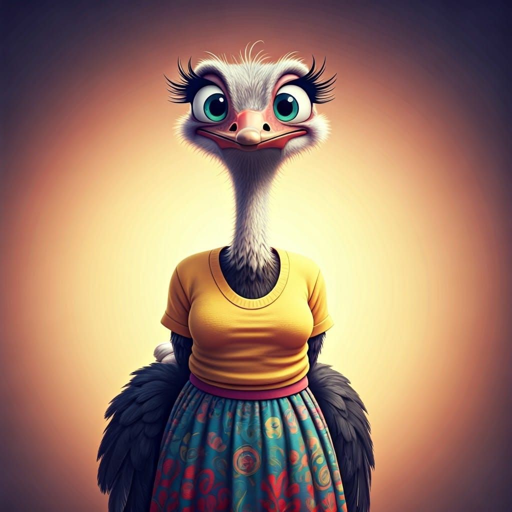 Goofy Ostrich Mid-Joke in Pixar-Inspired 3D Style