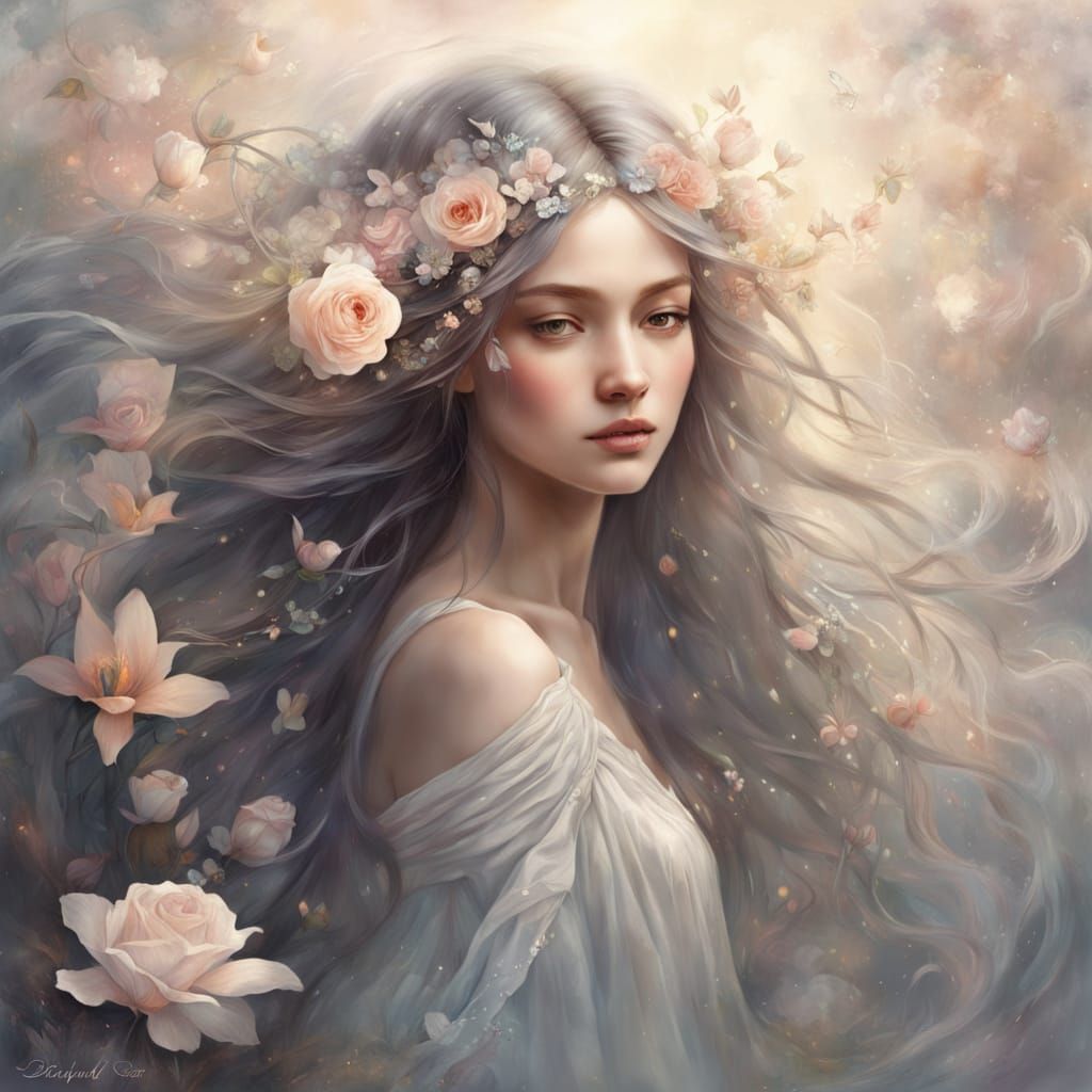Dreamy Fantasy Portrait of Woman with Flowing Silver Hair an...