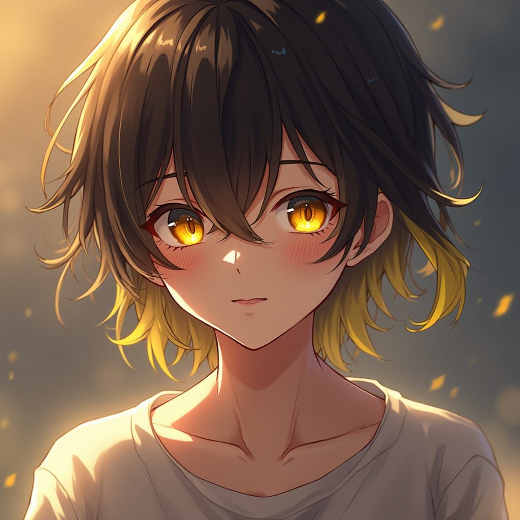Anime Boy with Dark Brown Hair and Yellow Streaks
