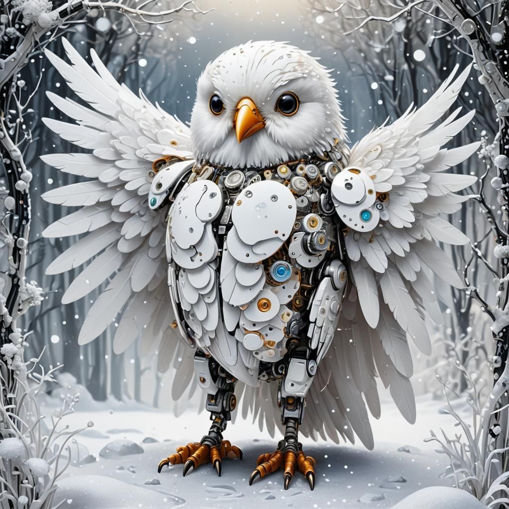 Robotic Winged Bird in Snowy Landscape, Klimt Style