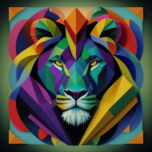 Geometric Cubist Lion's Face in Vibrant Art Deco Style