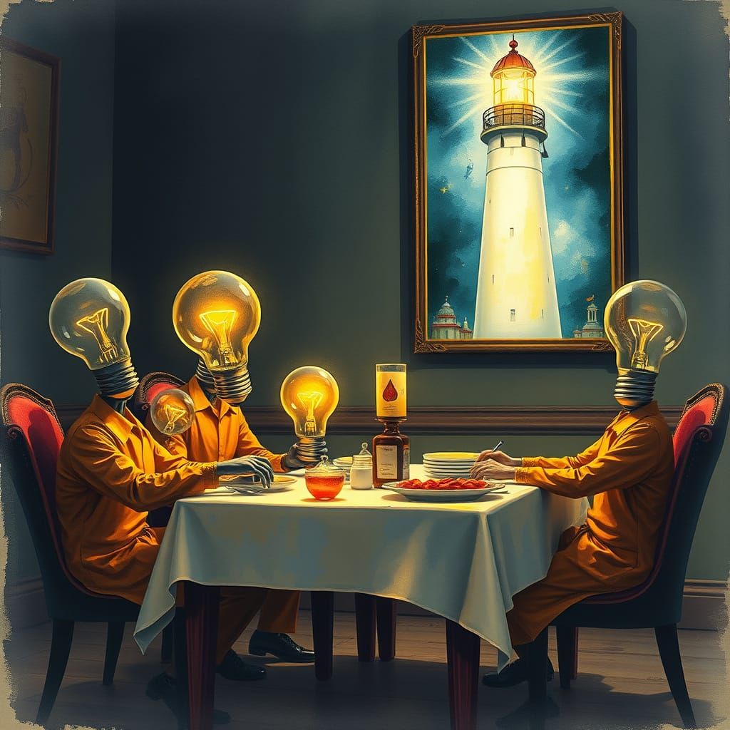 Light Bulb Family Dinner in Watercolor Style