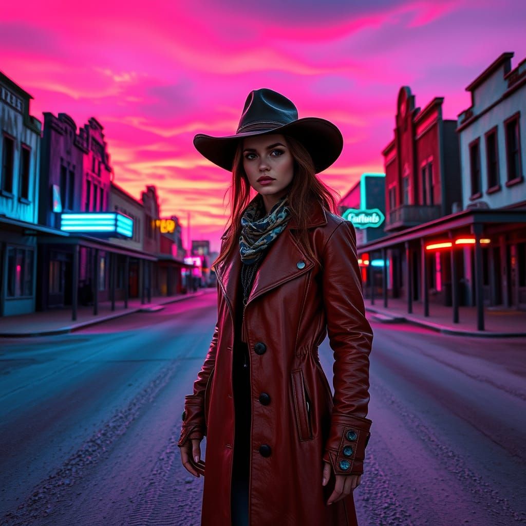 Neon Cowgirl in Cyberpunk Wild West