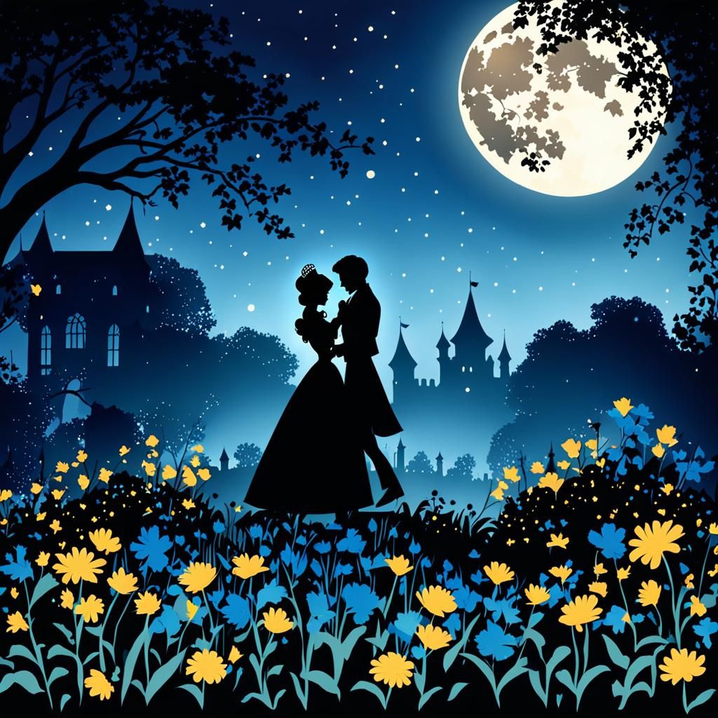 prince and princess waltzing in the garden silhouetted by a ...