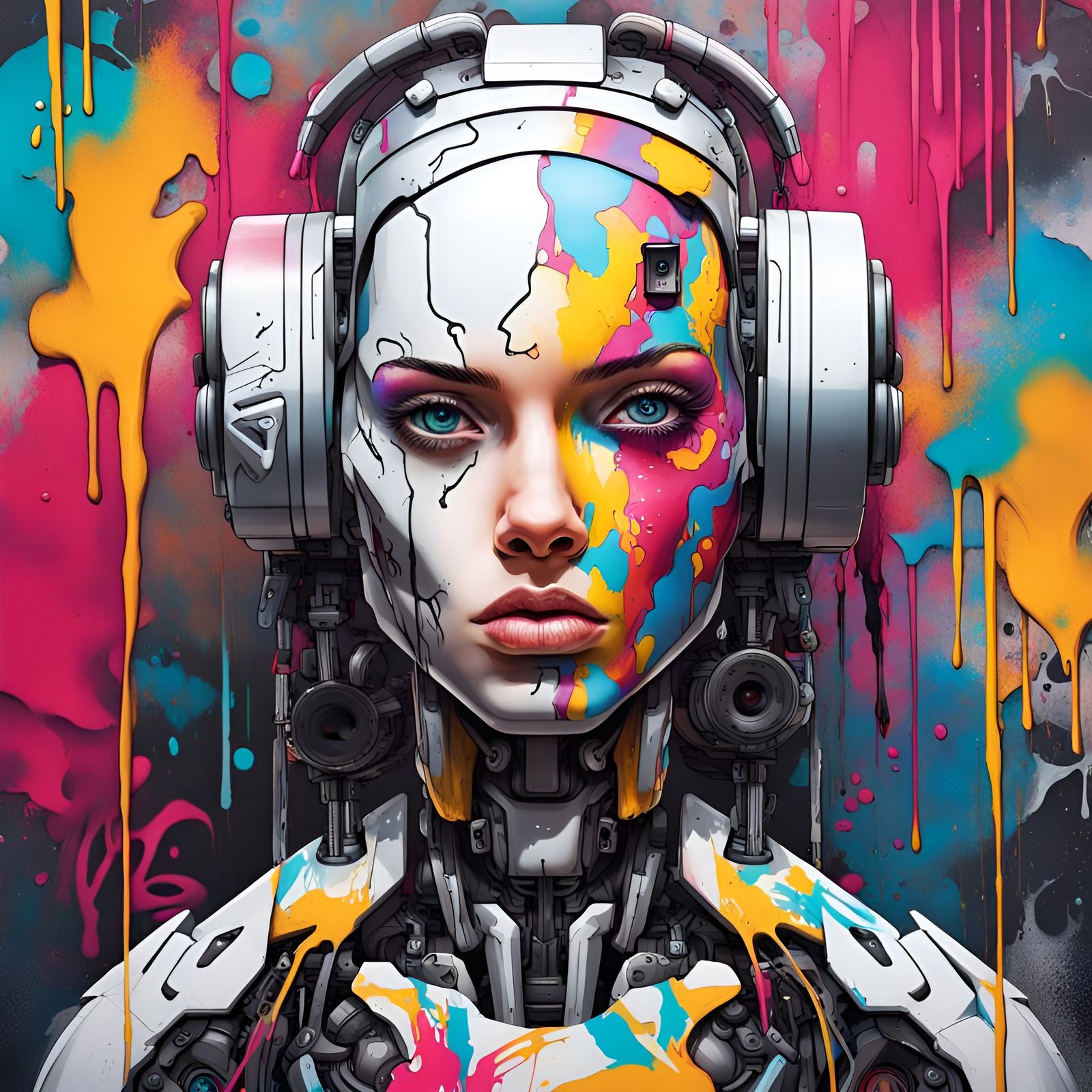 Half Human Half Robot Portrait in Graffiti Art Style