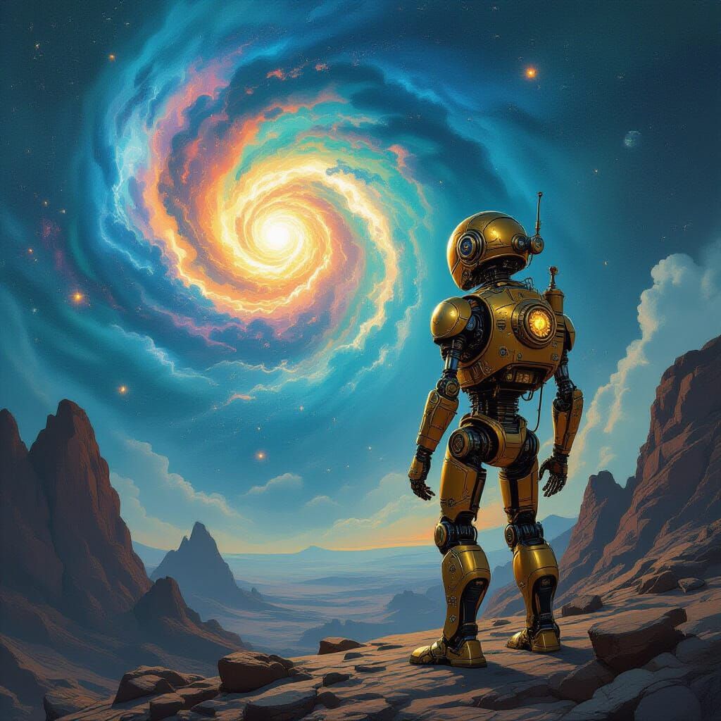 Steampunk Robot Gazing at Nebula in Sci-Fi Style