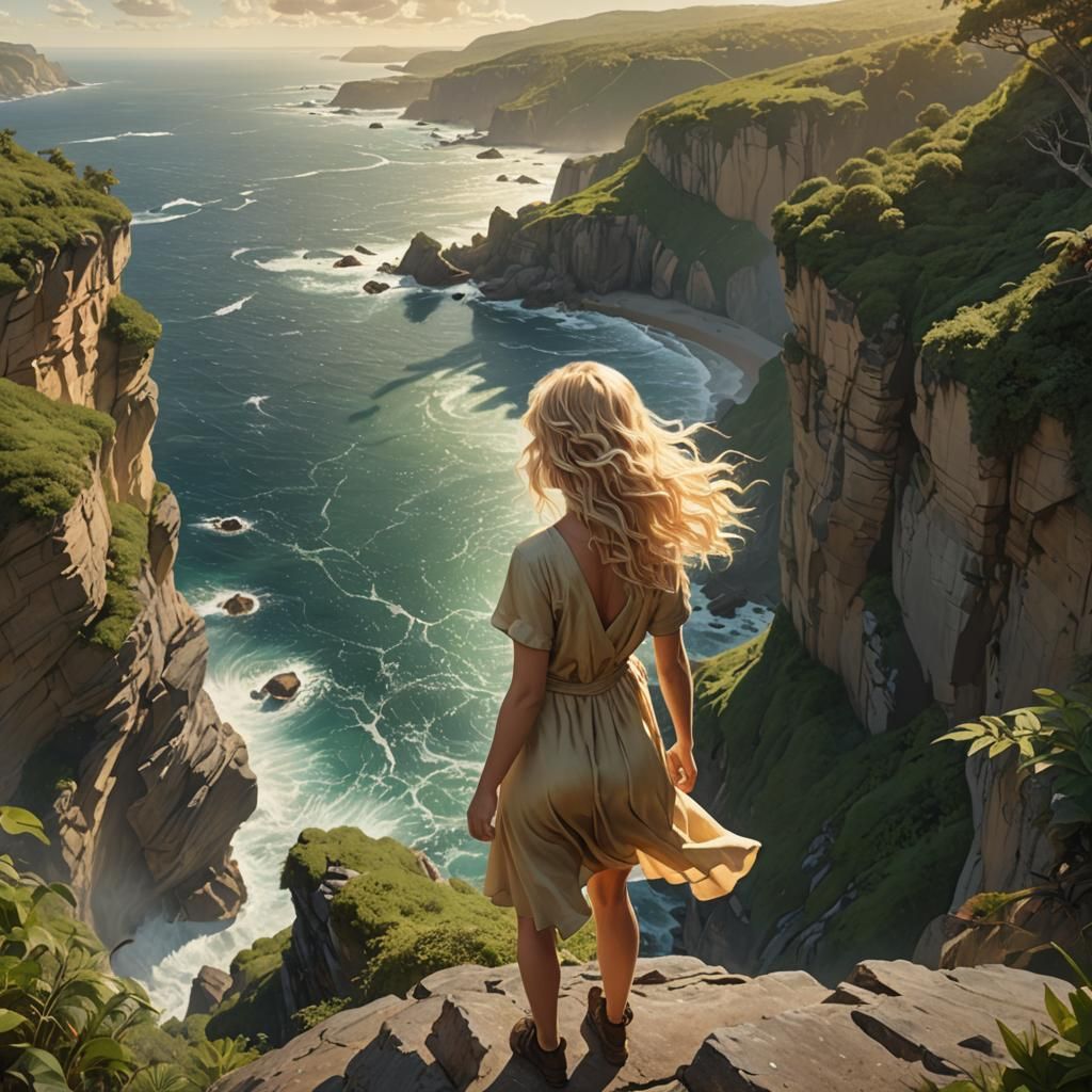 Cliffside Woman with Crystalline Ocean, Matte Painting