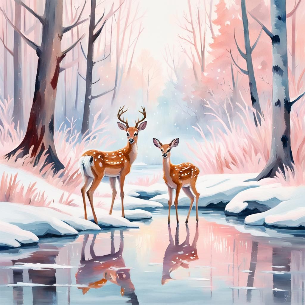 White Fawn in Winter Forest: Gouache Watercolor