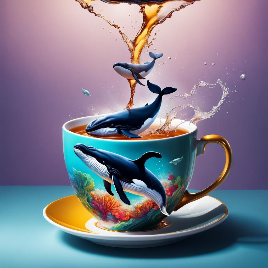 Whales Erupting from Tea Cup: Hyperrealistic Splash Art