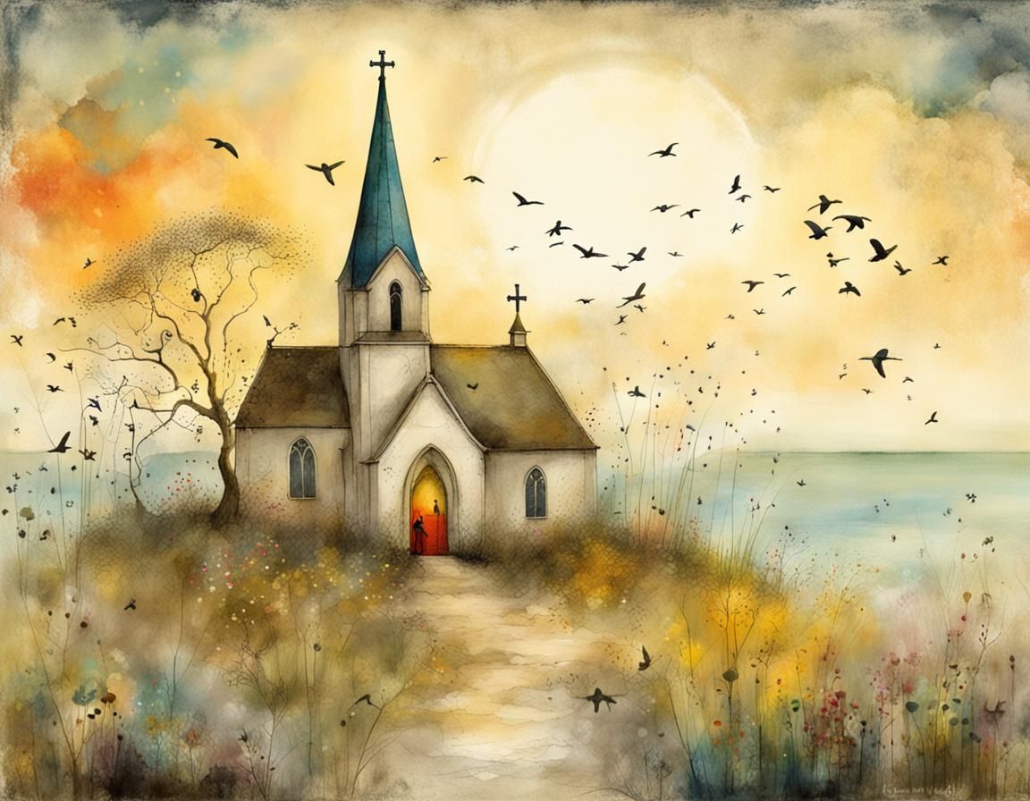 Seaside Church Sunrise in Whimsical Style