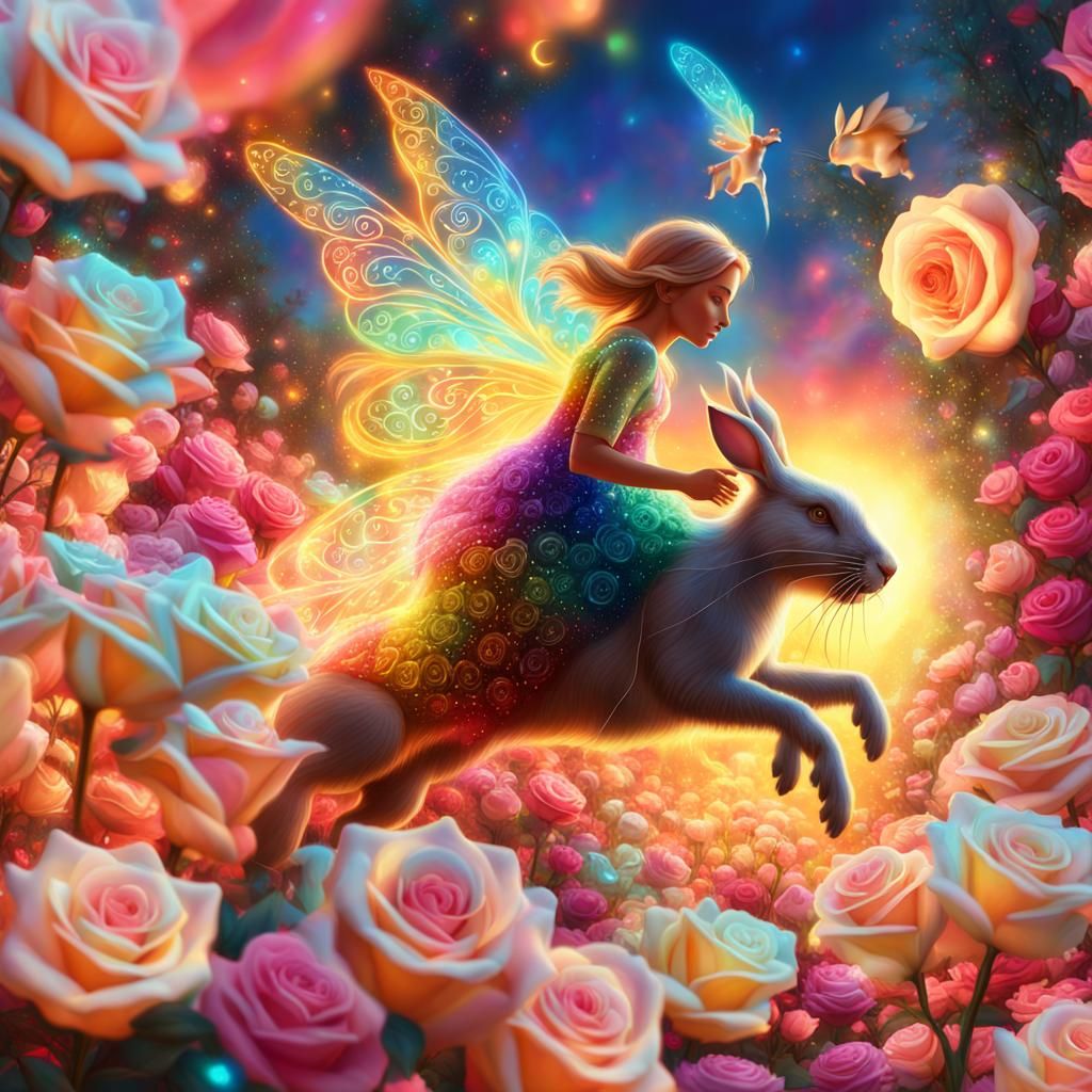 Fairy Rides Rabbit Through Prismatic Rose Garden