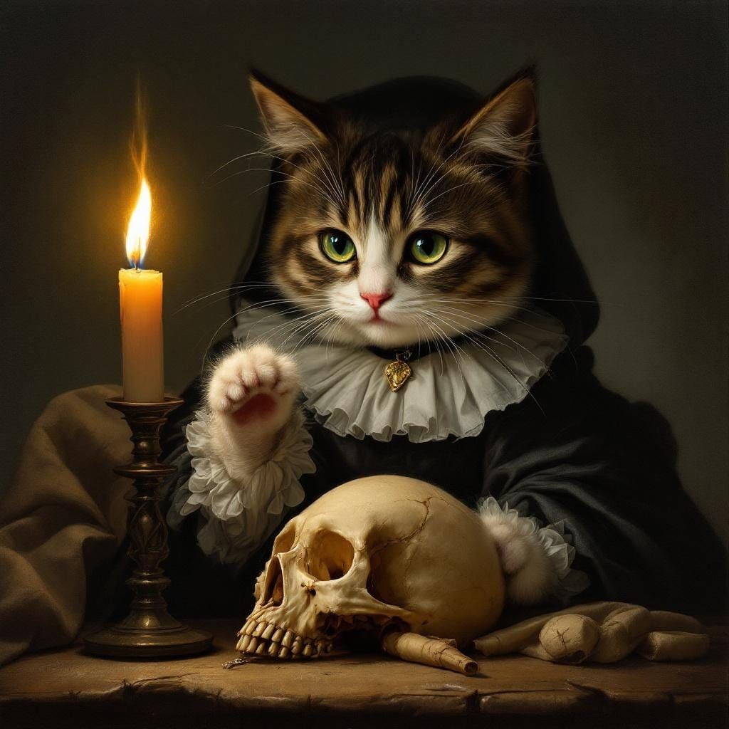 Pensive Cat with Candle in Baroque Style
