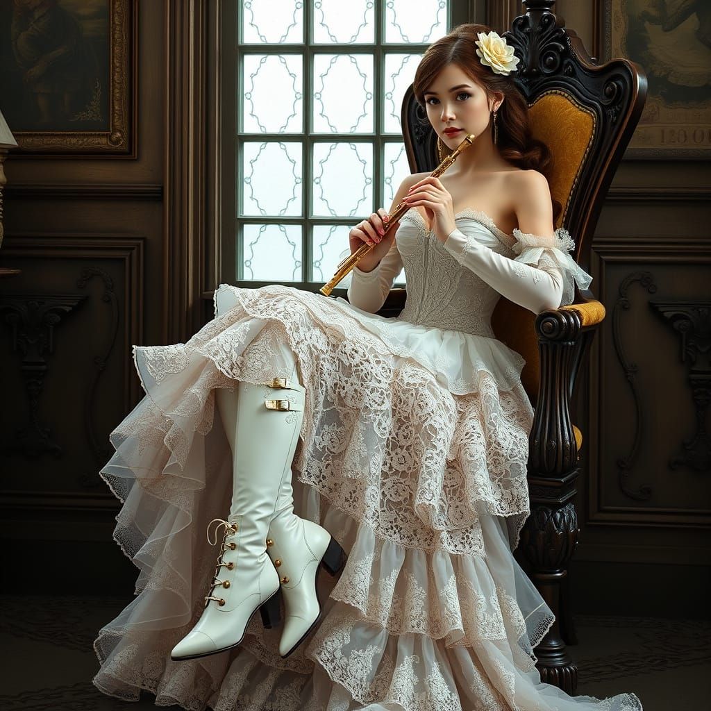 Steampunk Lady in Lace Ball Gown with Flute