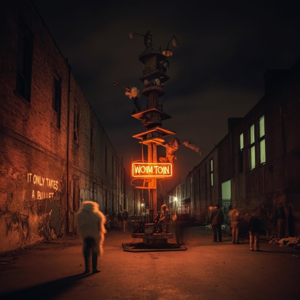 Surreal Urban Metropolis with Impossible Tower and Neon Sign