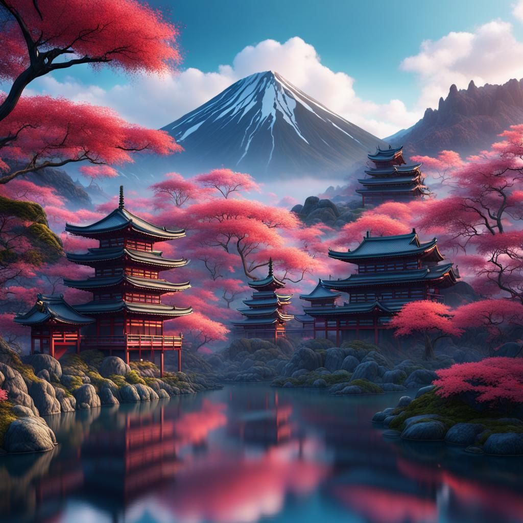 Iridescent Japanese Landscape: Fantasy Concept Art