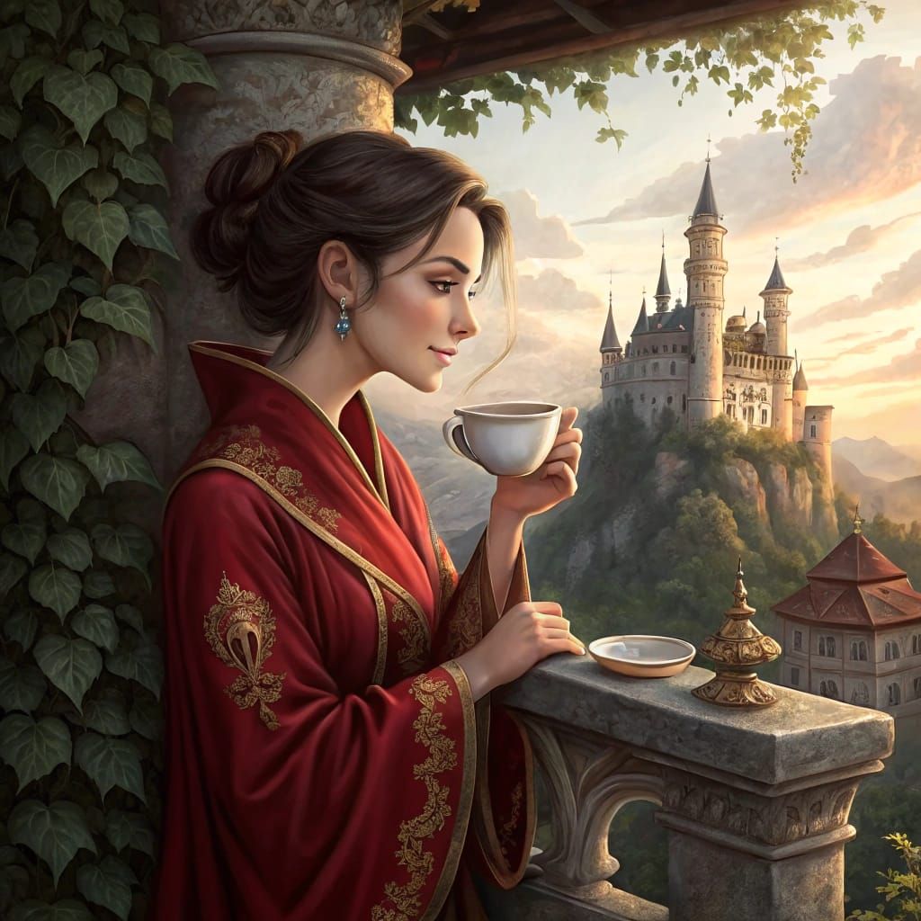 A Refined Beauty Sips Tea Among Ancient Castle Walls